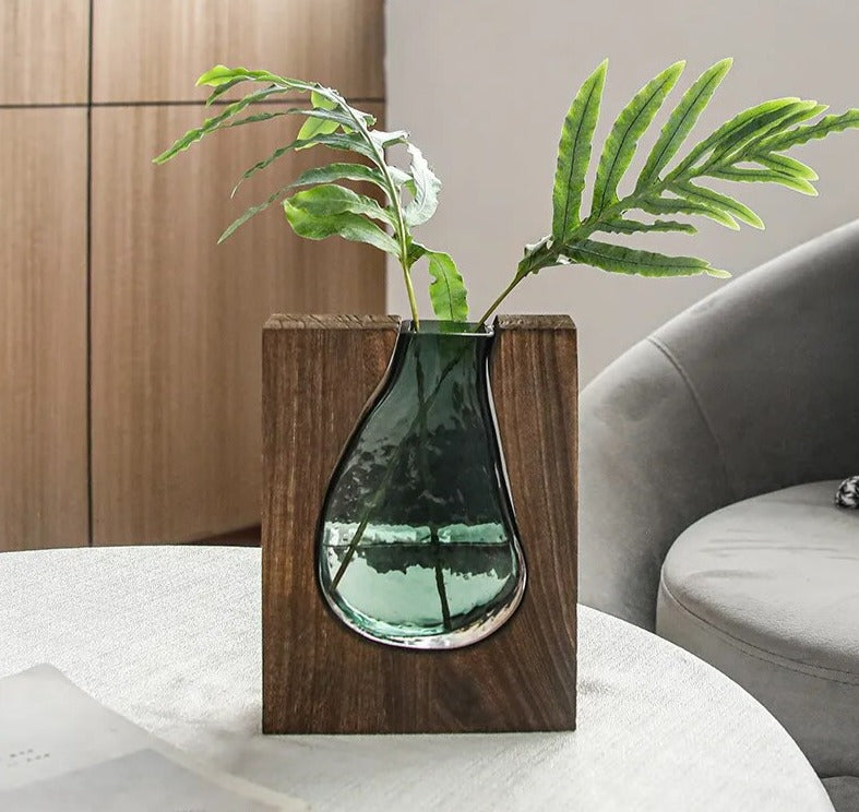 vaso decorativo hidroponico de vidro e madeira