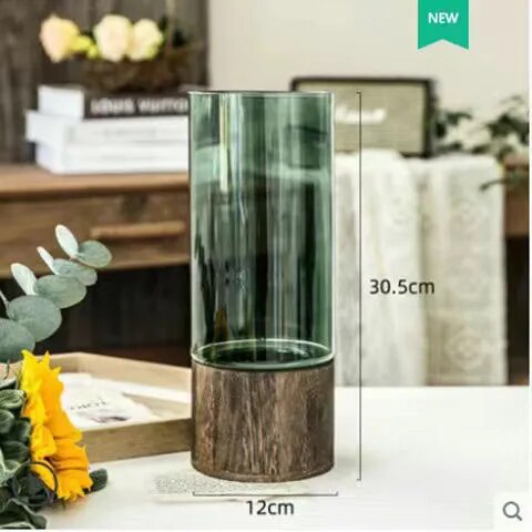 Vaso decorativo hidroponico de vidro e madeira 