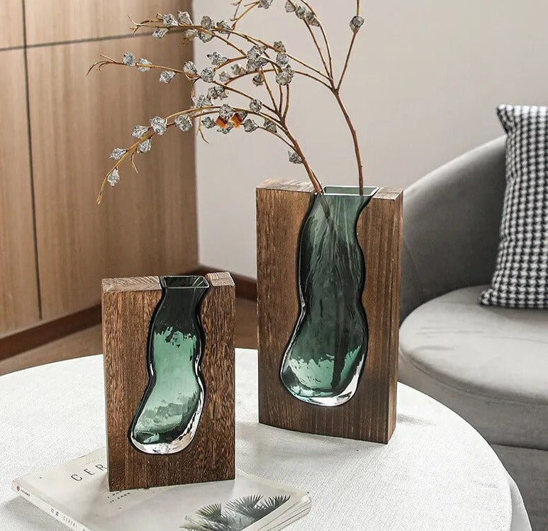 vaso decorativo hidroponico de vidro e madeira